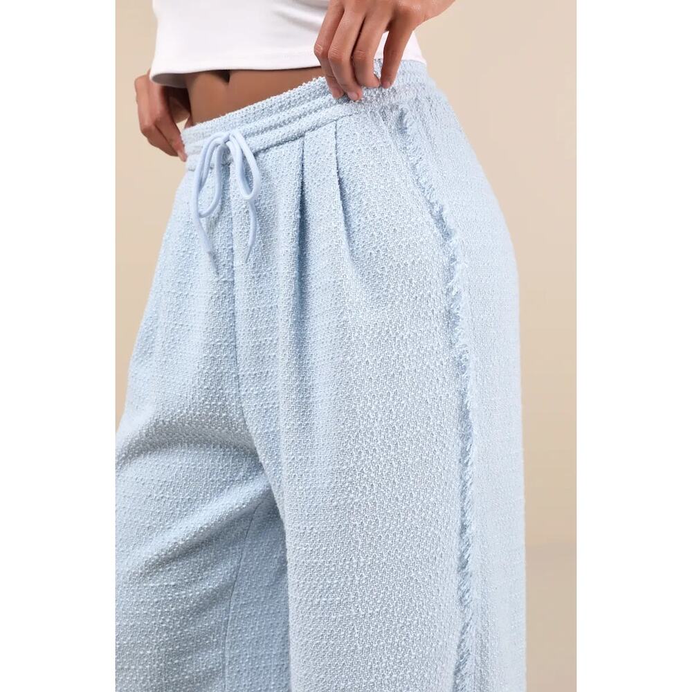 Lulus NWT Trendsetting Aspect Light Blue Tweed Raw Edge Wide-Leg Pants large